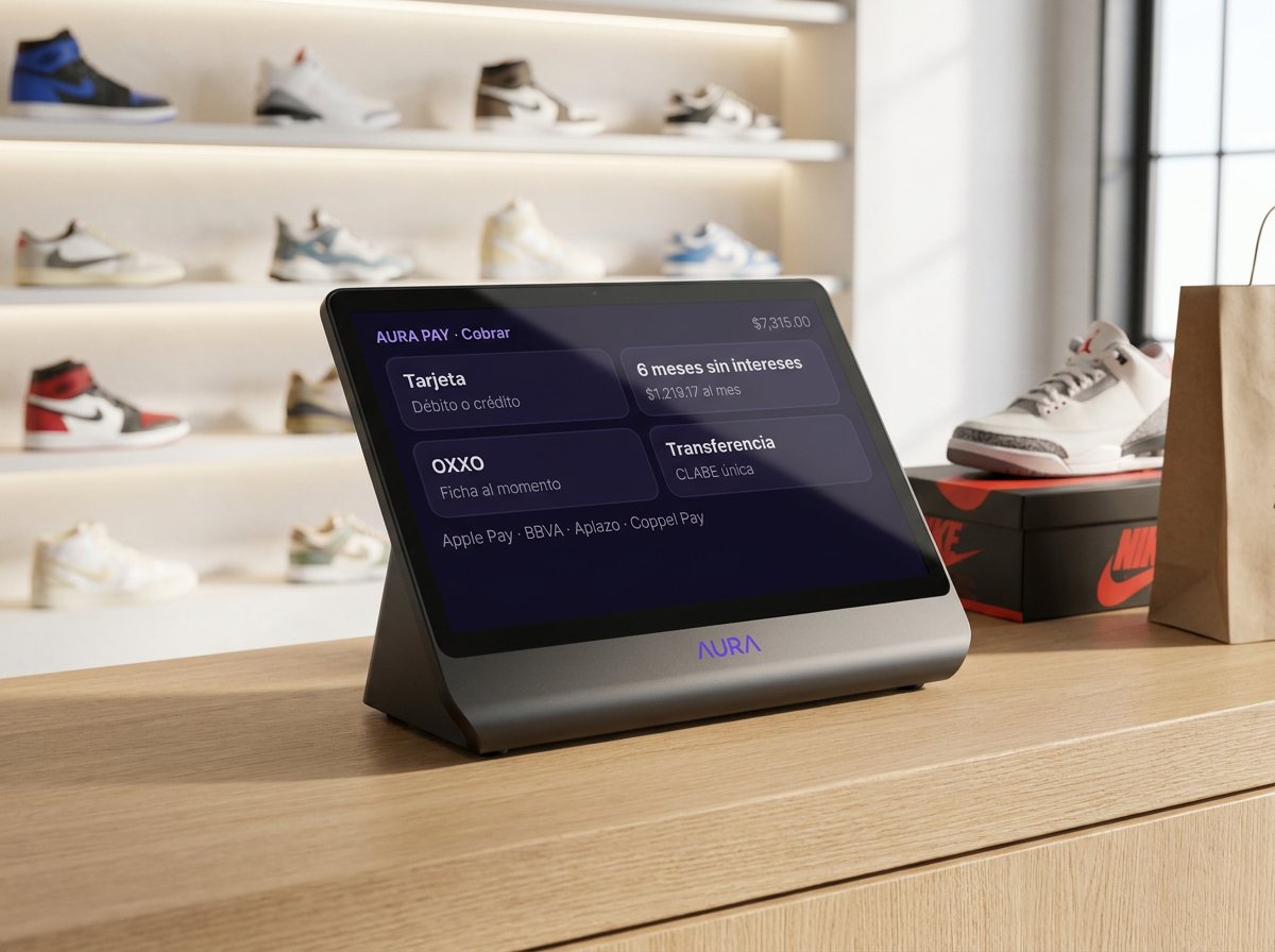 Terminal con Aura Pay en el mostrador de una tienda de calzado